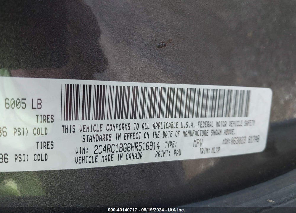 2017 CHRYSLER PACIFICA VIN: 2C4RC1BG6HR516914