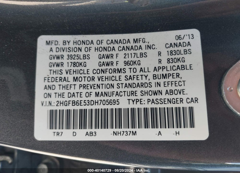 2013 HONDA CIVIC SI VIN: 2HGFB6E53DH705695