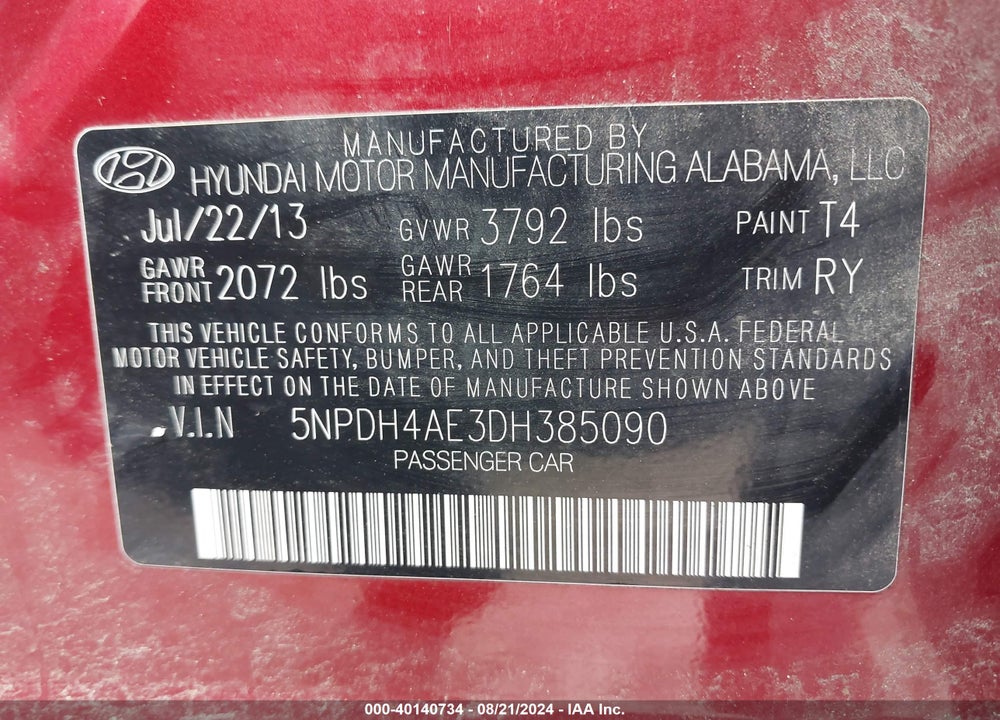 2013 HYUNDAI ELANTRA LIMITED VIN: 5NPDH4AE3DH385090