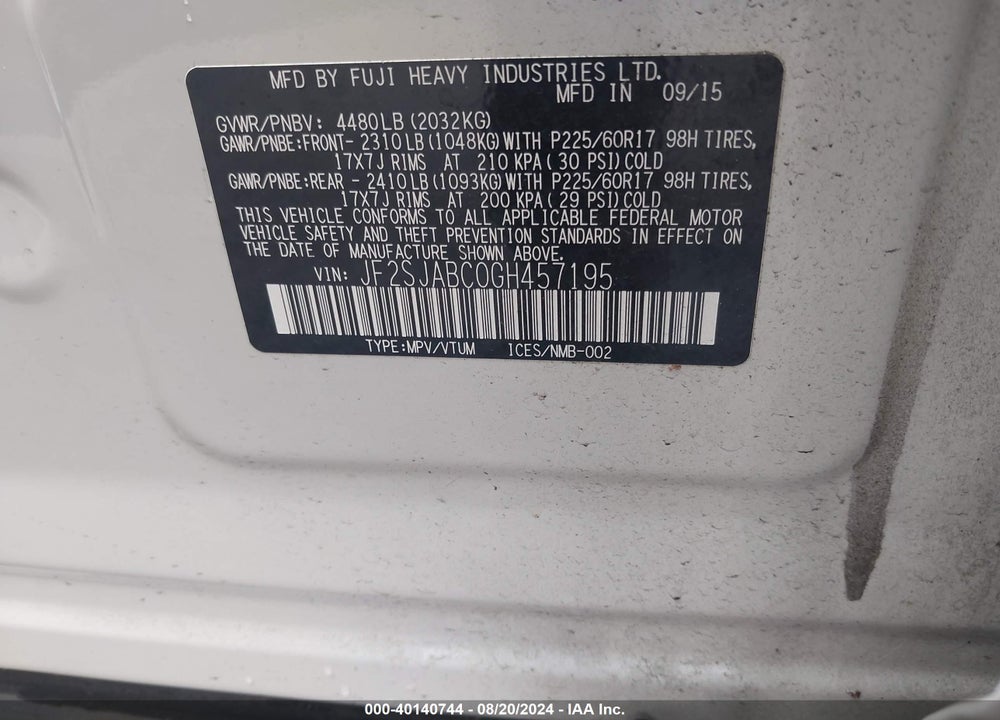 2016 SUBARU FORESTER 2.5I VIN: JF2SJABC0GH457195