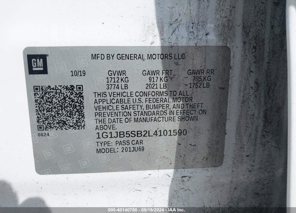 2020 CHEVROLET SONIC FWD  LS VIN: 1G1JB5SB2L4101590