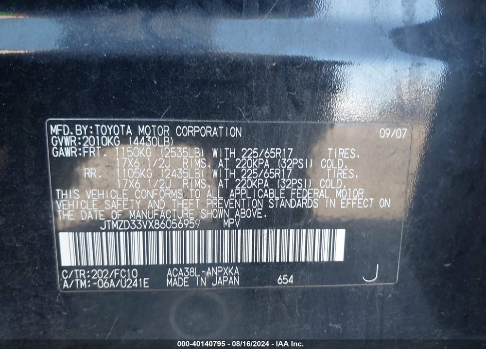 2008 TOYOTA RAV4 VIN: JTMZD33VX86056959