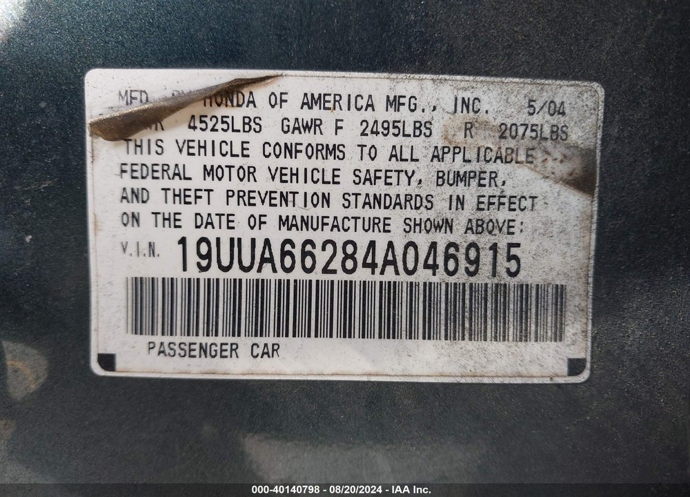 2004 ACURA TL VIN: 19UUA66284A046915