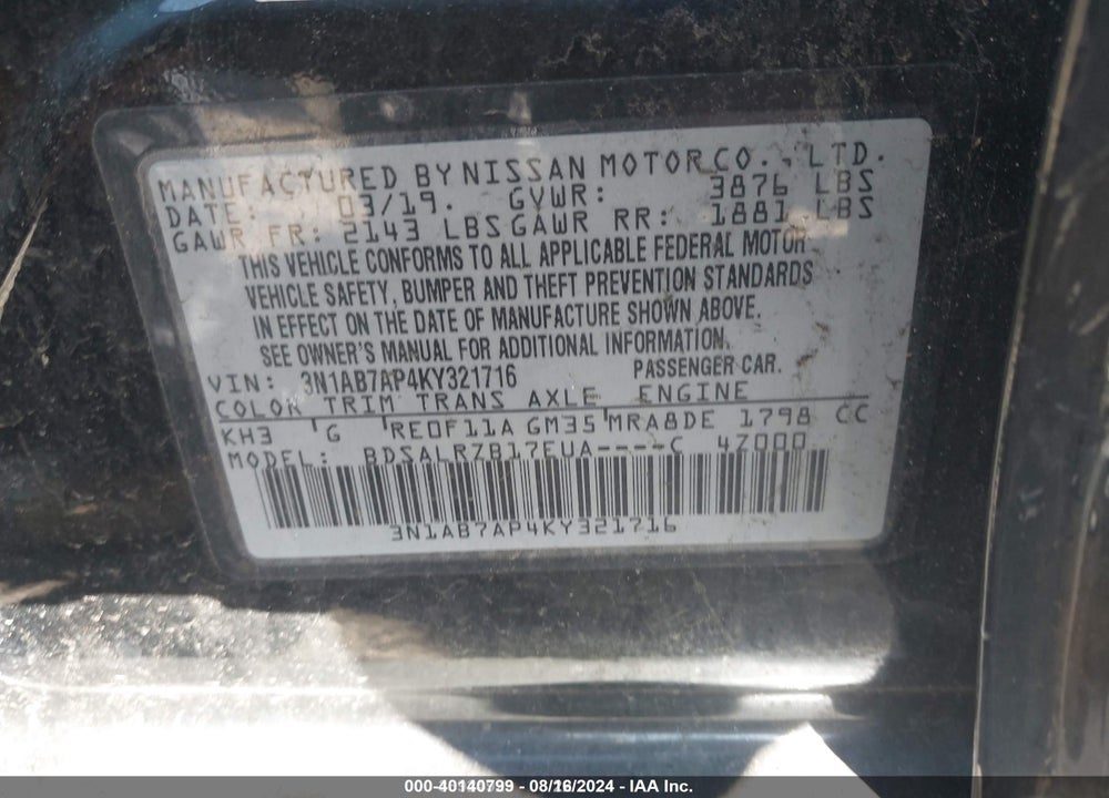 2019 NISSAN SENTRA SR VIN: 3N1AB7AP4KY321716