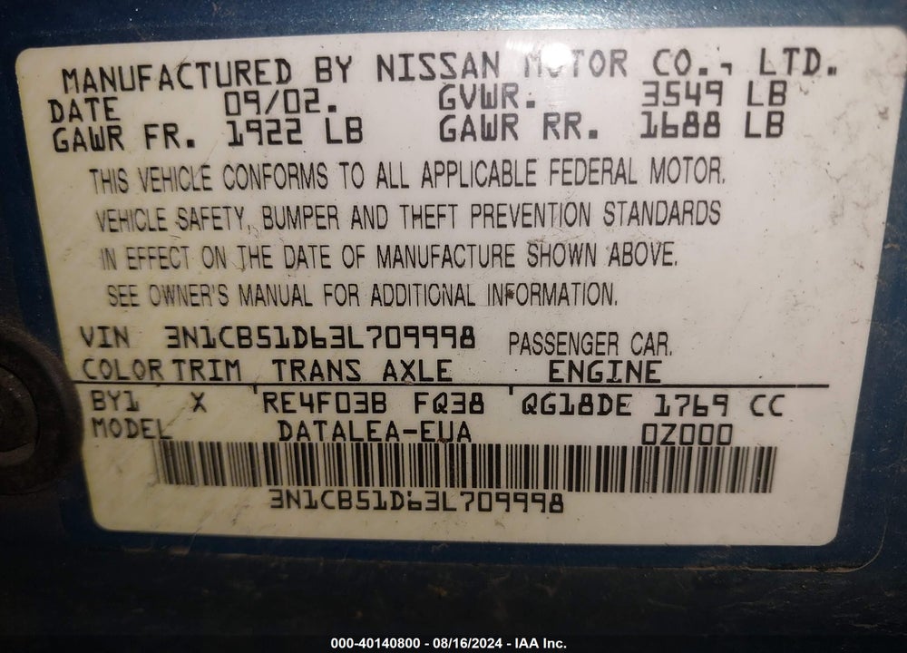 2003 NISSAN SENTRA GXE VIN: 3N1CB51D63L709998