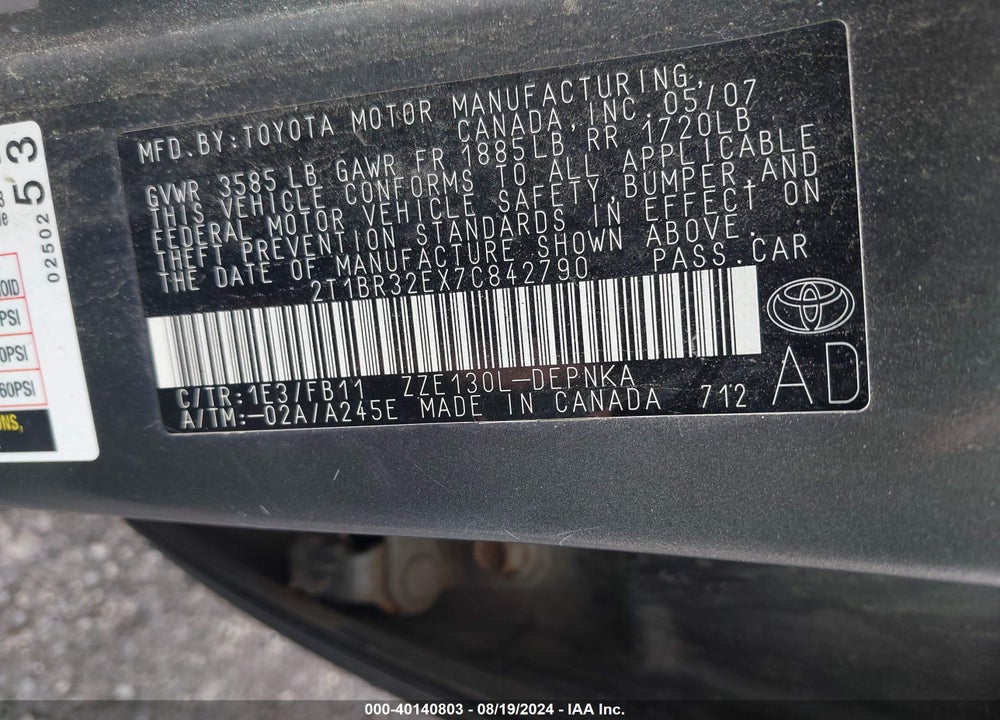 2007 TOYOTA COROLLA LE VIN: 2T1BR32EX7C842790