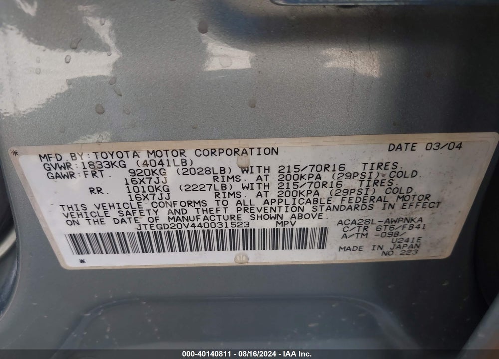 2004 TOYOTA RAV4 VIN: JTEGD20V440031523