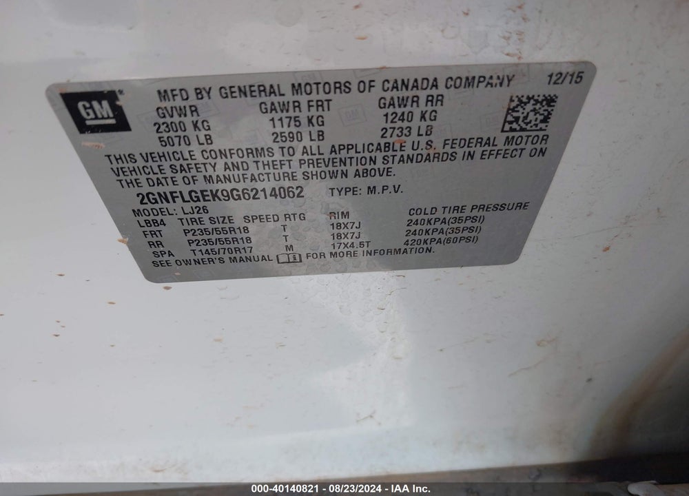 2016 CHEVROLET EQUINOX LTZ VIN: 2GNFLGEK9G6214062