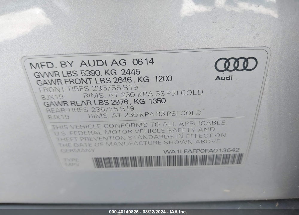 2015 AUDI Q5 2.0T PREMIUM VIN: WA1LFAFP0FA013642