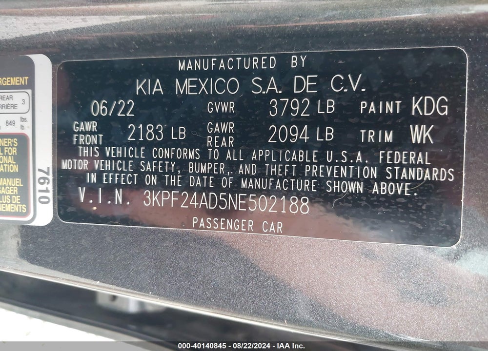 2022 KIA FORTE LXS VIN: 3KPF24AD5NE502188