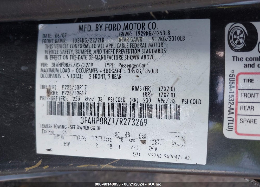 2007 FORD FUSION SEL VIN: 3FAHP08Z17R273269