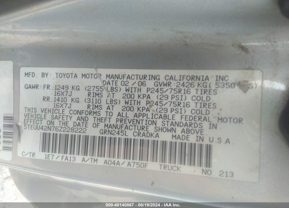 2006 TOYOTA TACOMA BASE V6 VIN: 5TEUU42N76Z228222