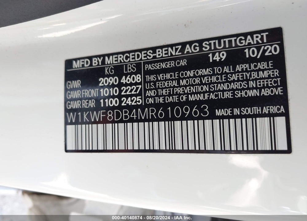 2021 MERCEDES-BENZ C 300 SEDAN VIN: W1KWF8DB4MR610963