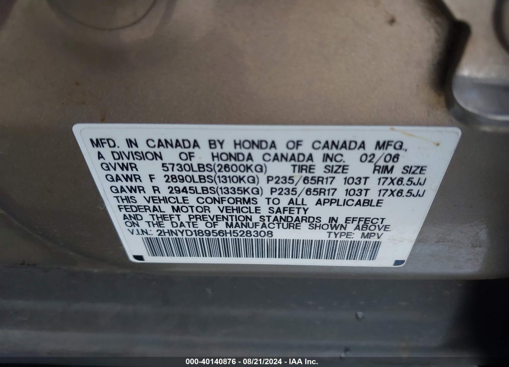 2006 ACURA MDX VIN: 2HNYD18956H528308
