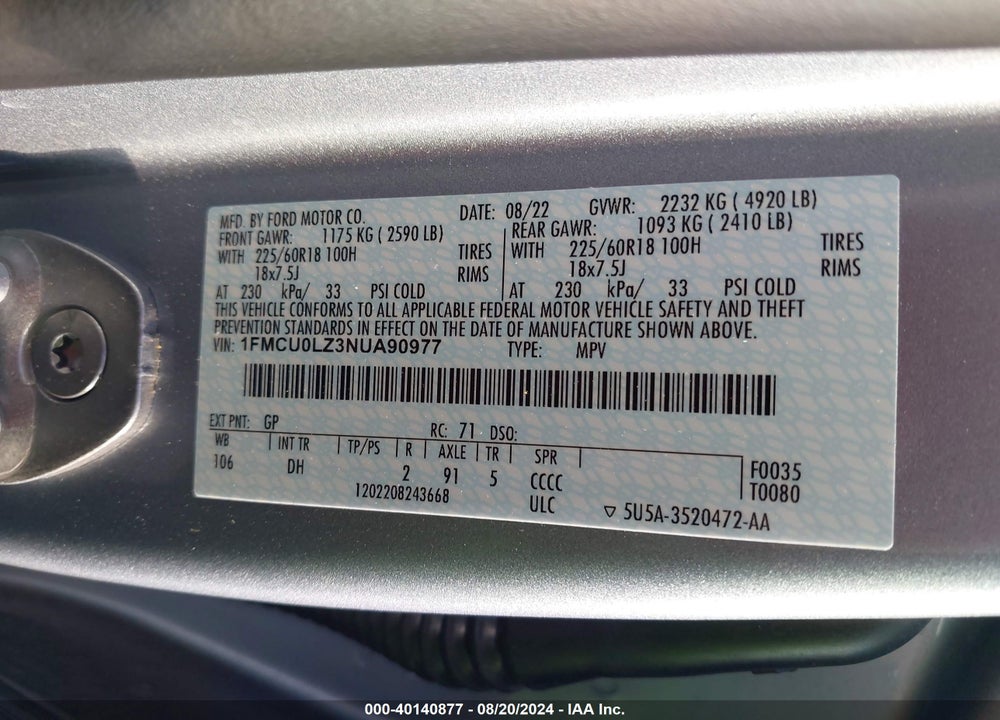 2022 FORD ESCAPE TITANIUM PLUG-IN HYBRID VIN: 1FMCU0LZ3NUA90977