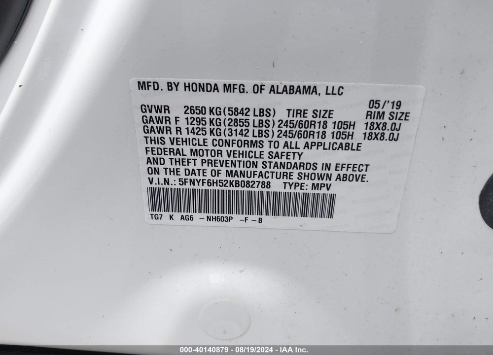 2019 HONDA PILOT EX-L VIN: 5FNYF6H52KB082788