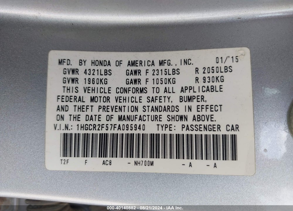 2015 HONDA ACCORD SPORT VIN: 1HGCR2F57FA095940