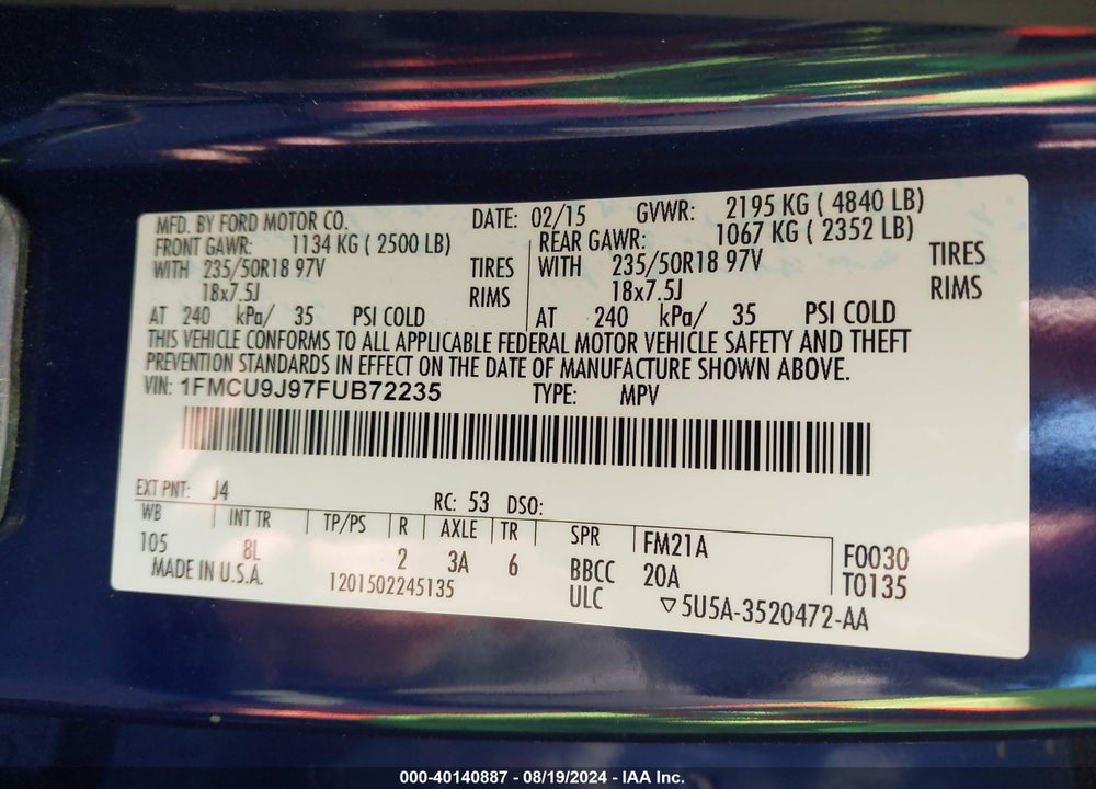 2015 FORD ESCAPE TITANIUM VIN: 1FMCU9J97FUB72235