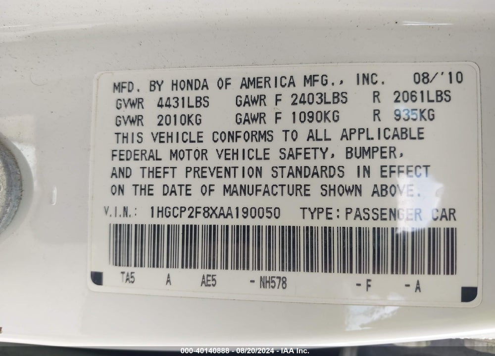 2010 HONDA ACCORD SDN 2.4 EX-L/EX-L VIN: 1HGCP2F8XAA190050