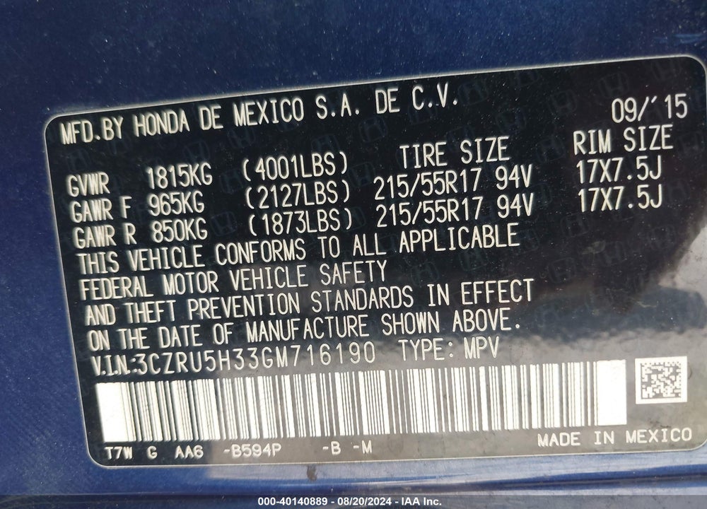 2016 HONDA HR-V VIN: 3CZRU5H33GM716190