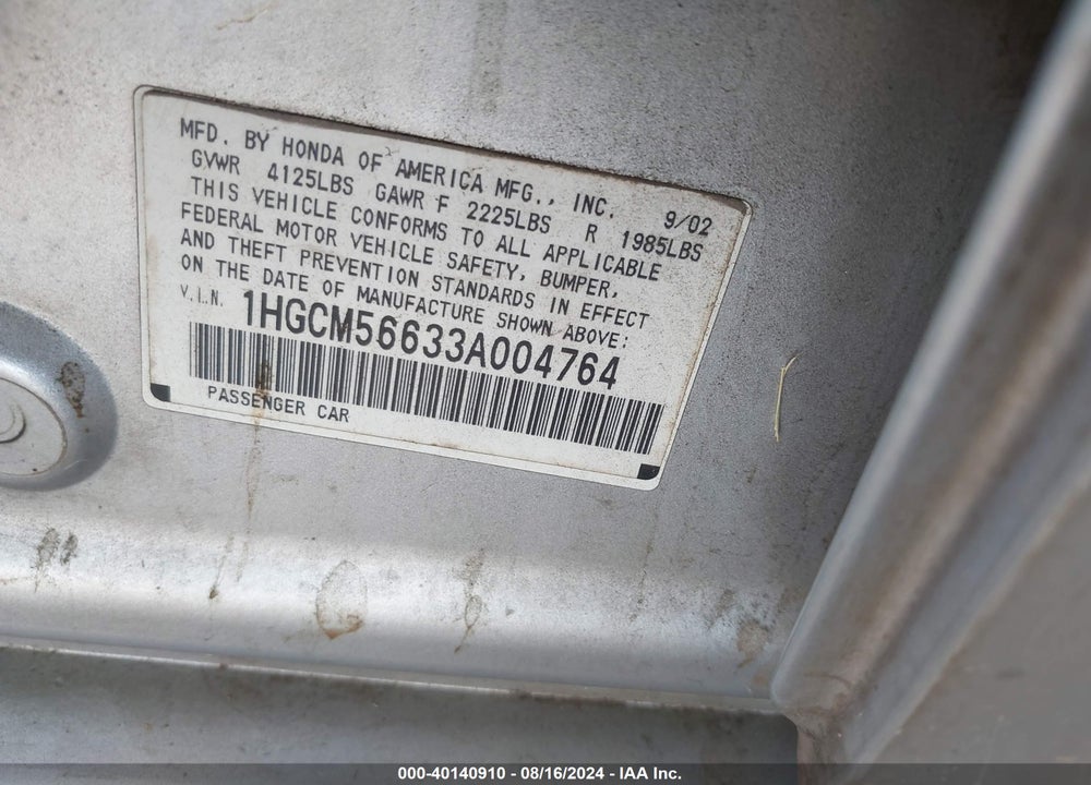 2003 HONDA ACCORD 2.4 EX VIN: 1HGCM56633A004764