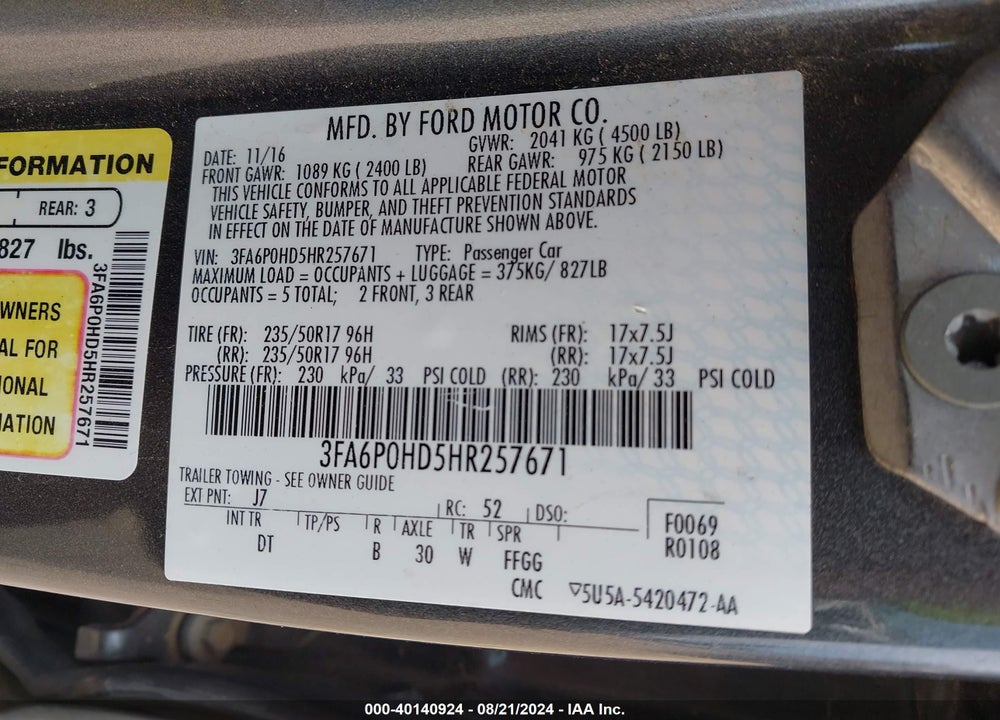 2017 FORD FUSION SE VIN: 3FA6P0HD5HR257671