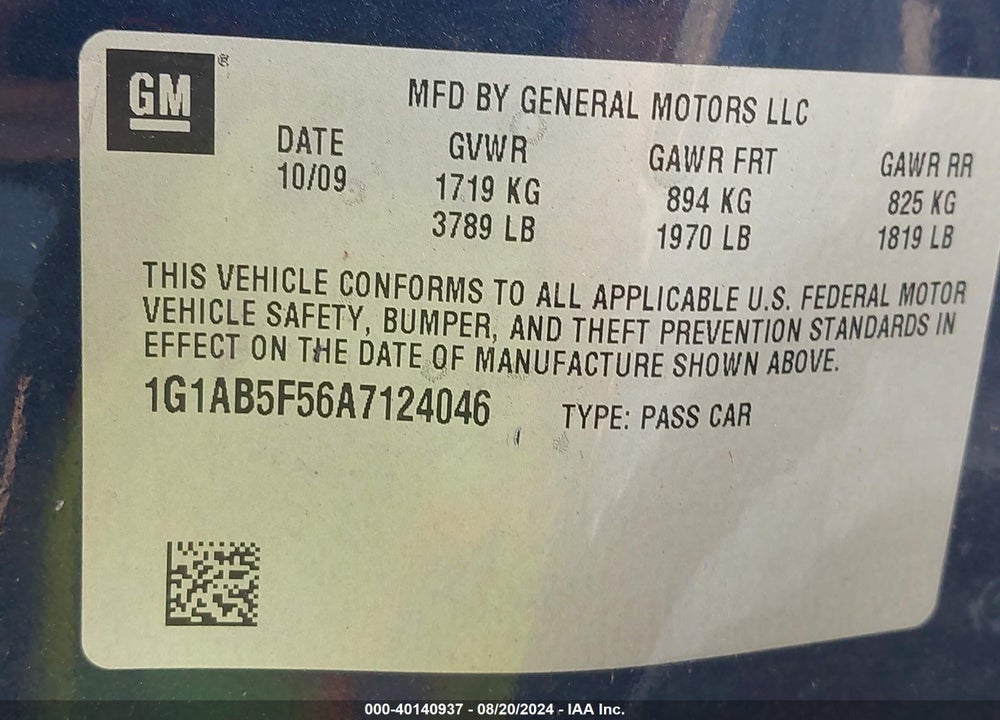 2010 CHEVROLET COBALT LS VIN: 1G1AB5F56A7124046