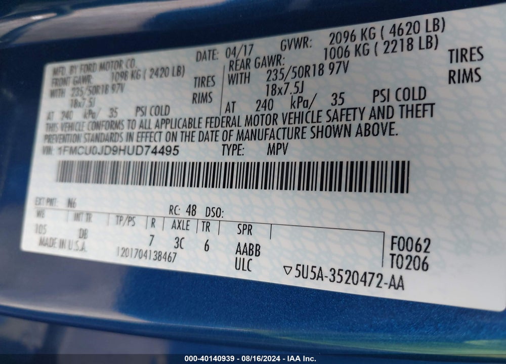 2017 FORD ESCAPE TITANIUM VIN: 1FMCU0JD9HUD74495