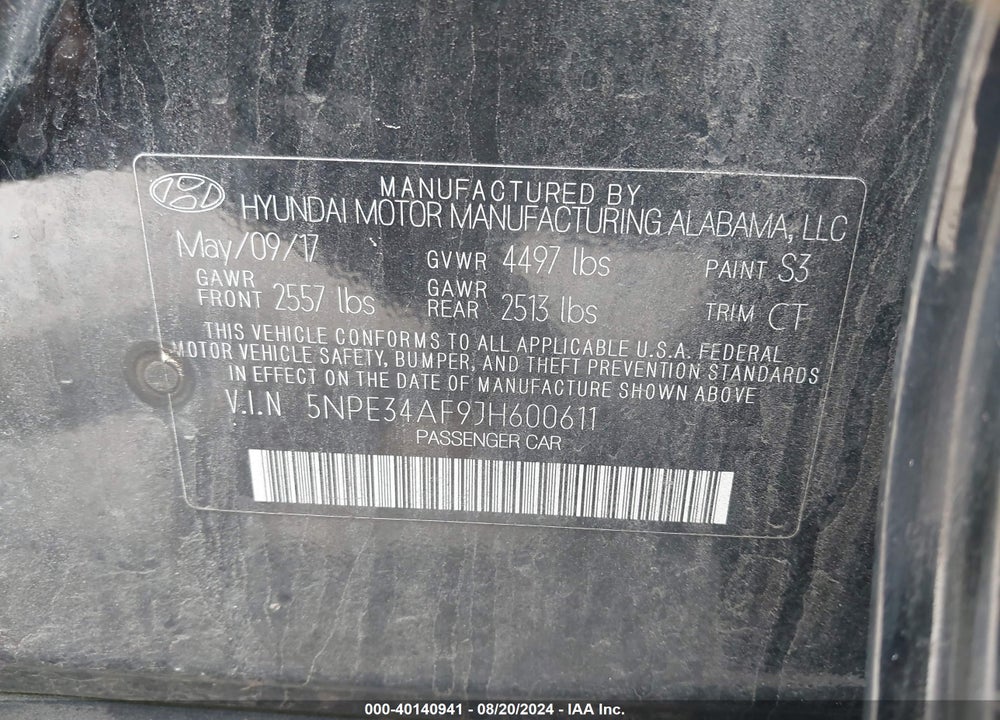2018 HYUNDAI SONATA VIN: 5NPE34AF9JH600611
