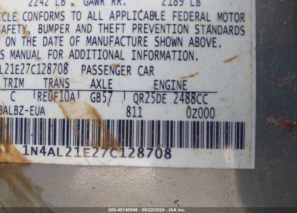 2007 NISSAN ALTIMA 2.5 S VIN: 1N4AL21E27C128708