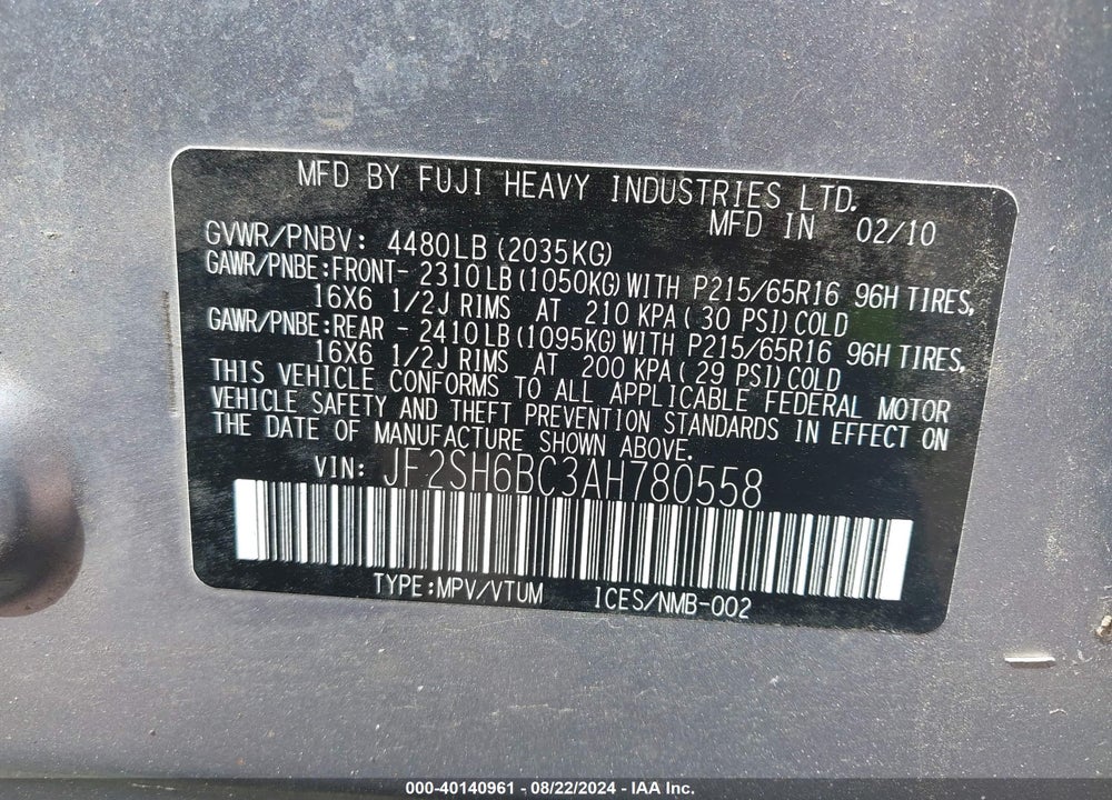 2010 SUBARU FORESTER 2.5X VIN: JF2SH6BC3AH780558