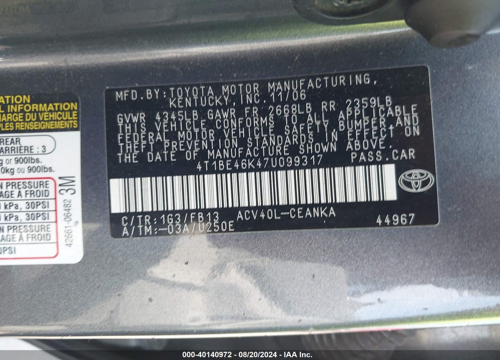 2007 TOYOTA CAMRY VIN: 4T1BE46K47U099317