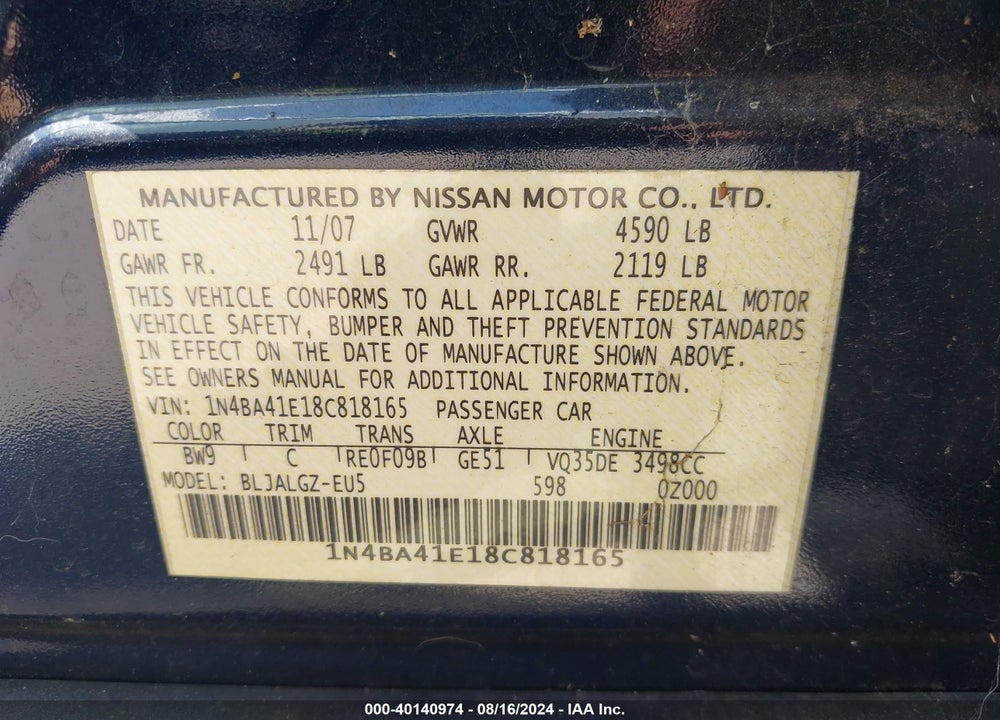 2008 NISSAN MAXIMA 3.5 SL VIN: 1N4BA41E18C818165