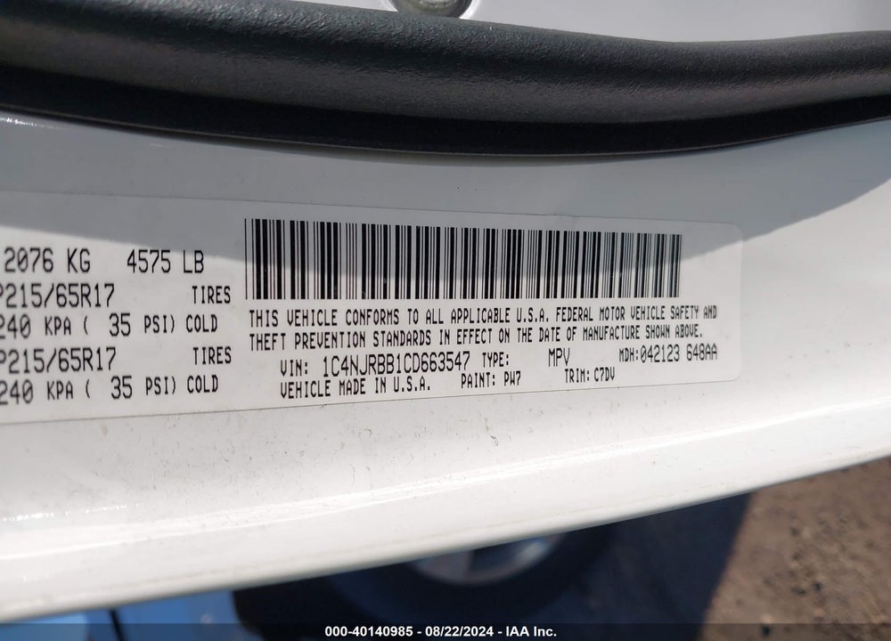2012 JEEP PATRIOT SPORT VIN: 1C4NJRBB1CD663547