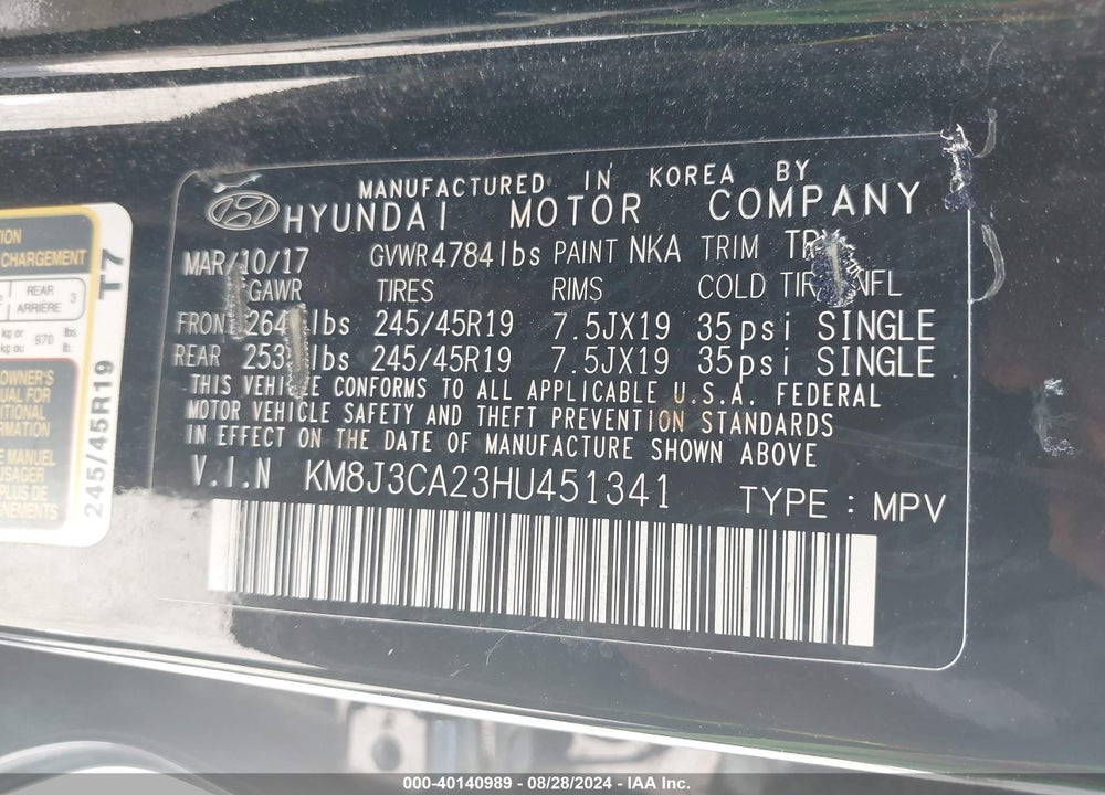 2017 HYUNDAI TUCSON NIGHT VIN: KM8J3CA23HU451341