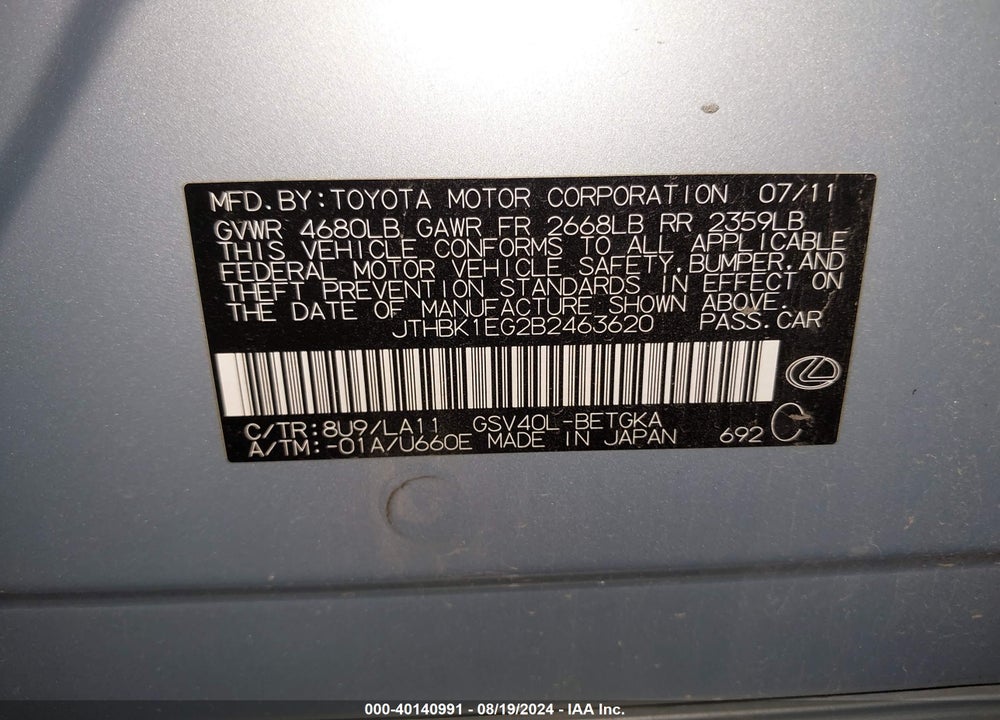 2011 LEXUS ES 350 VIN: JTHBK1EG2B2463620