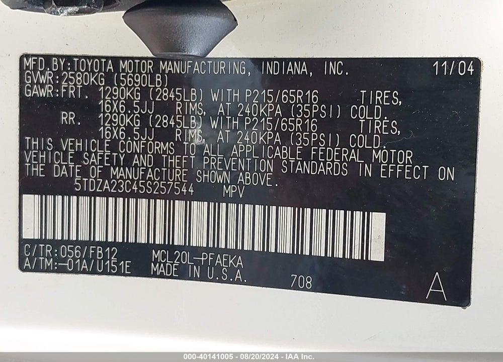 2005 TOYOTA SIENNA LE VIN: 5TDZA23C45S257544