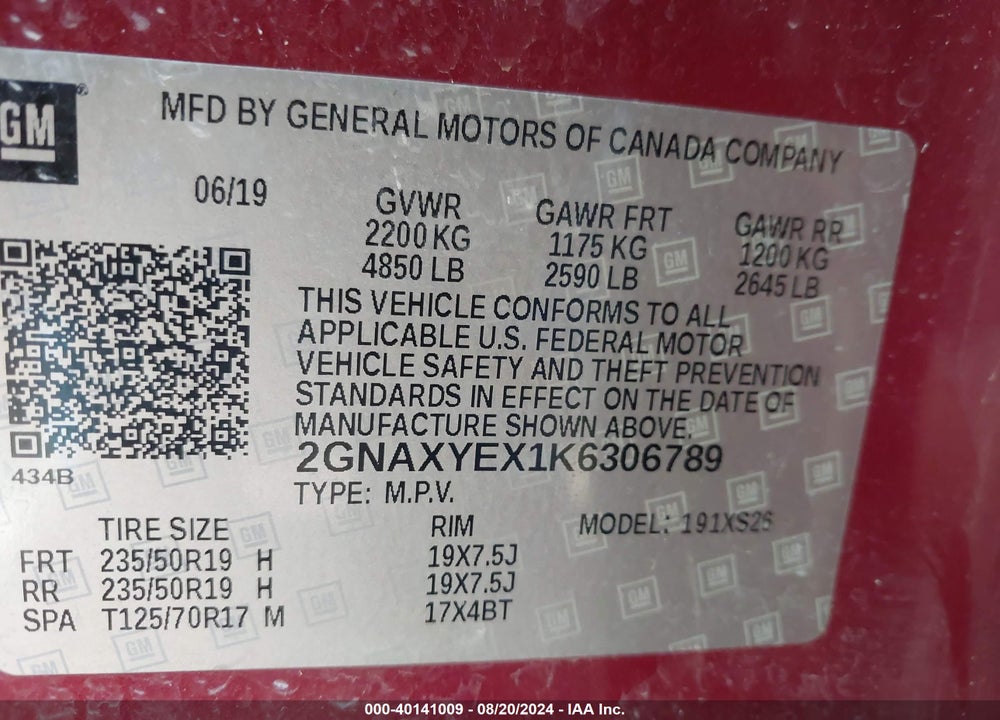 2019 CHEVROLET EQUINOX PREMIER VIN: 2GNAXYEX1K6306789