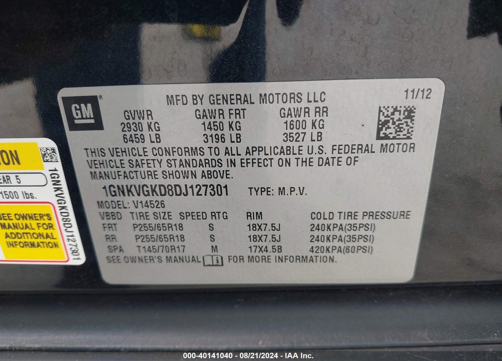 2013 CHEVROLET TRAVERSE 1LT VIN: 1GNKVGKD8DJ127301