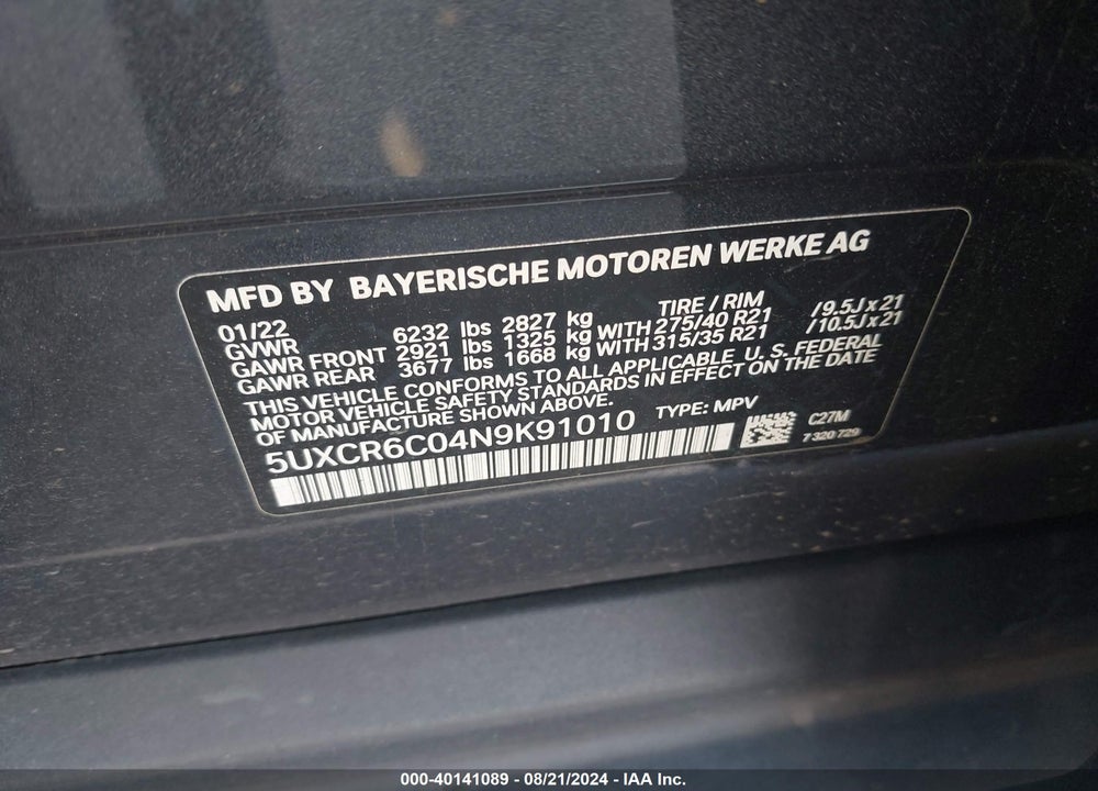 2022 BMW X5 XDRIVE40I VIN: 5UXCR6C04N9K91010