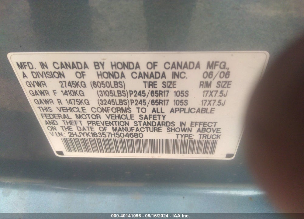 2007 HONDA RIDGELINE RTX VIN: 2HJYK16357H504680