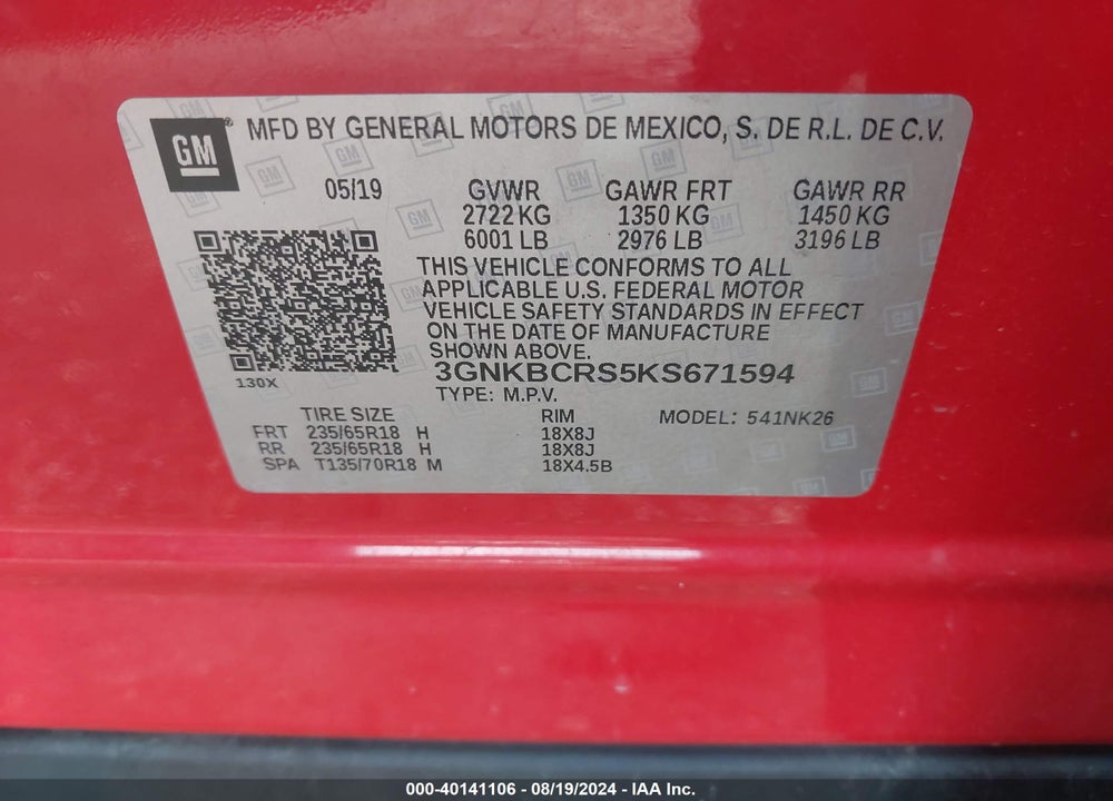 2019 CHEVROLET BLAZER VIN: 3GNKBCRS5KS671594