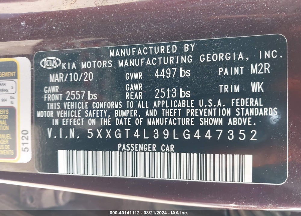 2020 KIA OPTIMA LX VIN: 5XXGT4L39LG447352