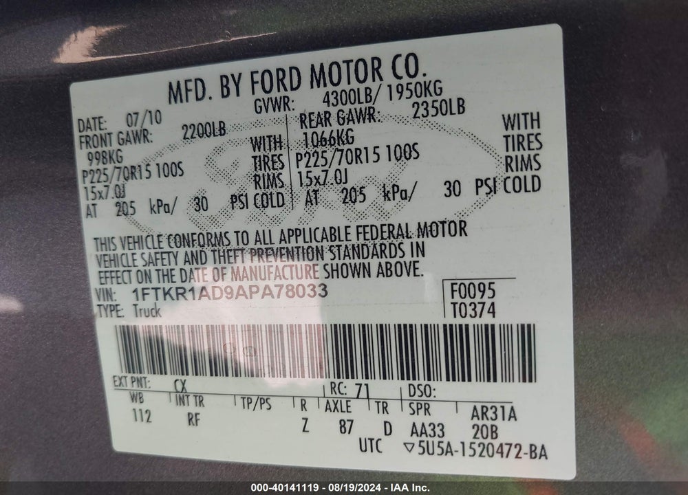 2010 RANGER FORD  XL/XLT VIN: 1FTKR1AD9APA78033