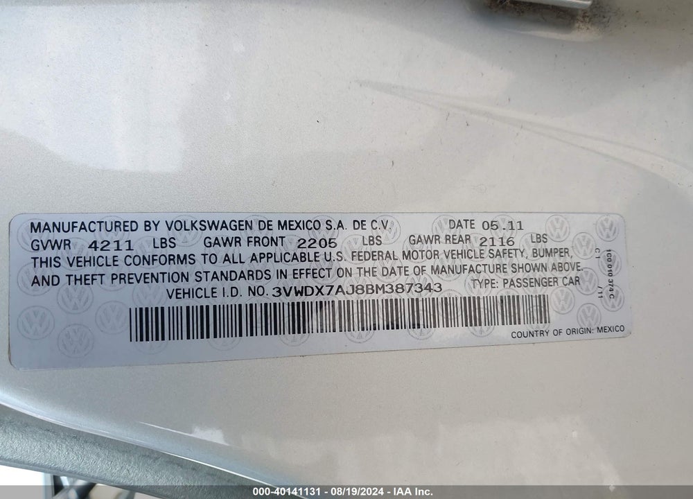 2011 VOLKSWAGEN JETTA 2.5L SE VIN: 3VWDX7AJ8BM387343