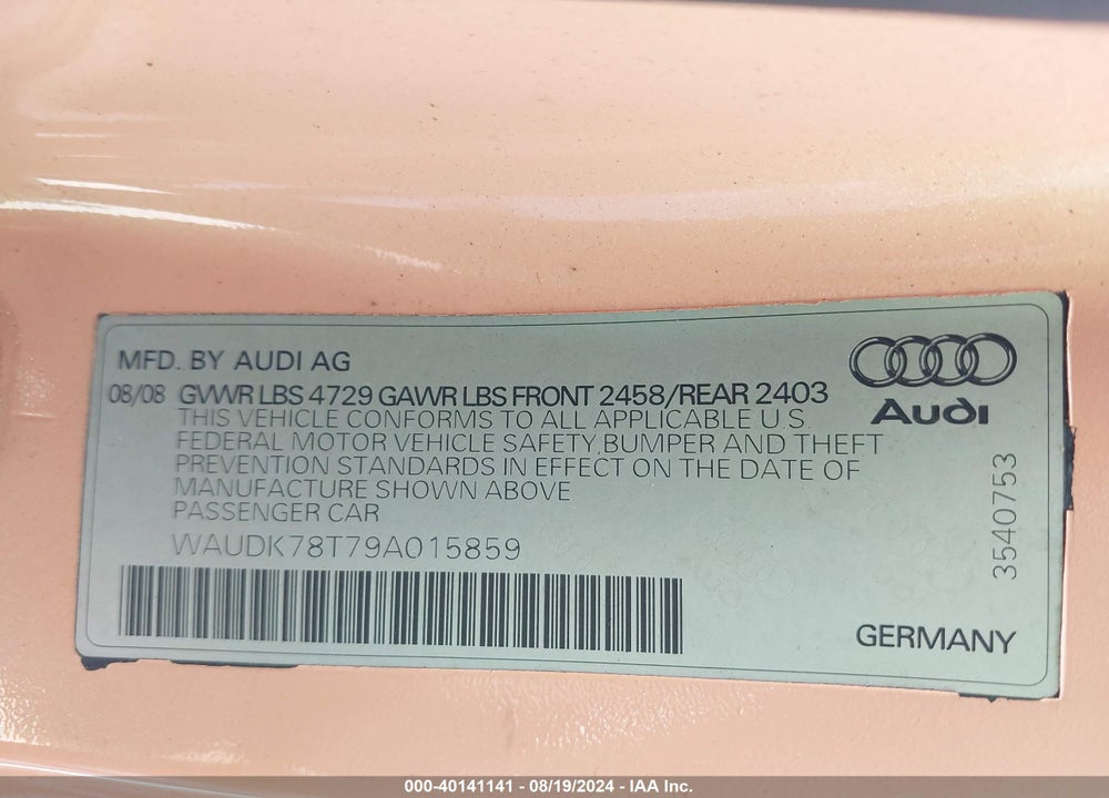 2009 AUDI A5 3.2L VIN: WAUDK78T79A015859