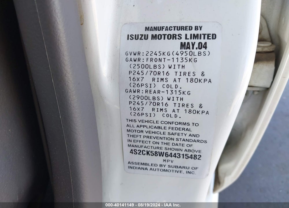 2004 ISUZU RODEO S 3.2L V6 VIN: 4S2CK58W644315482