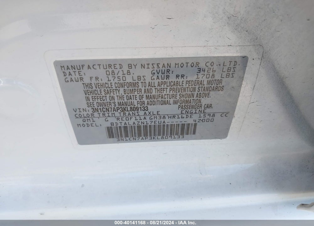 2019 NISSAN VERSA 1.6 S+ VIN: 3N1CN7AP3KL809133