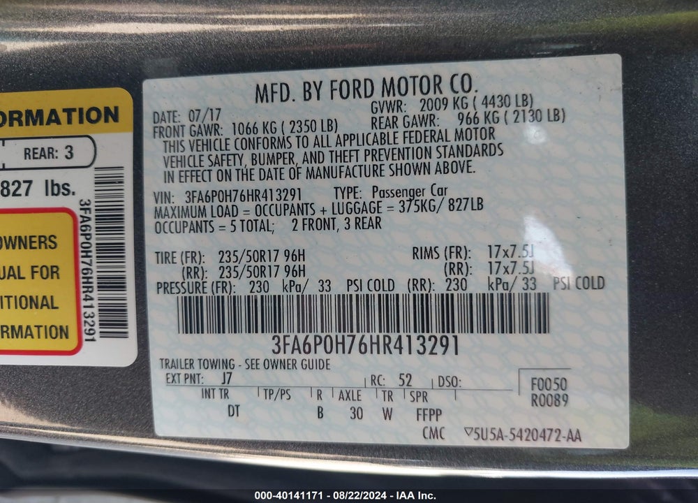 2017 FORD FUSION SE VIN: 3FA6P0H76HR413291