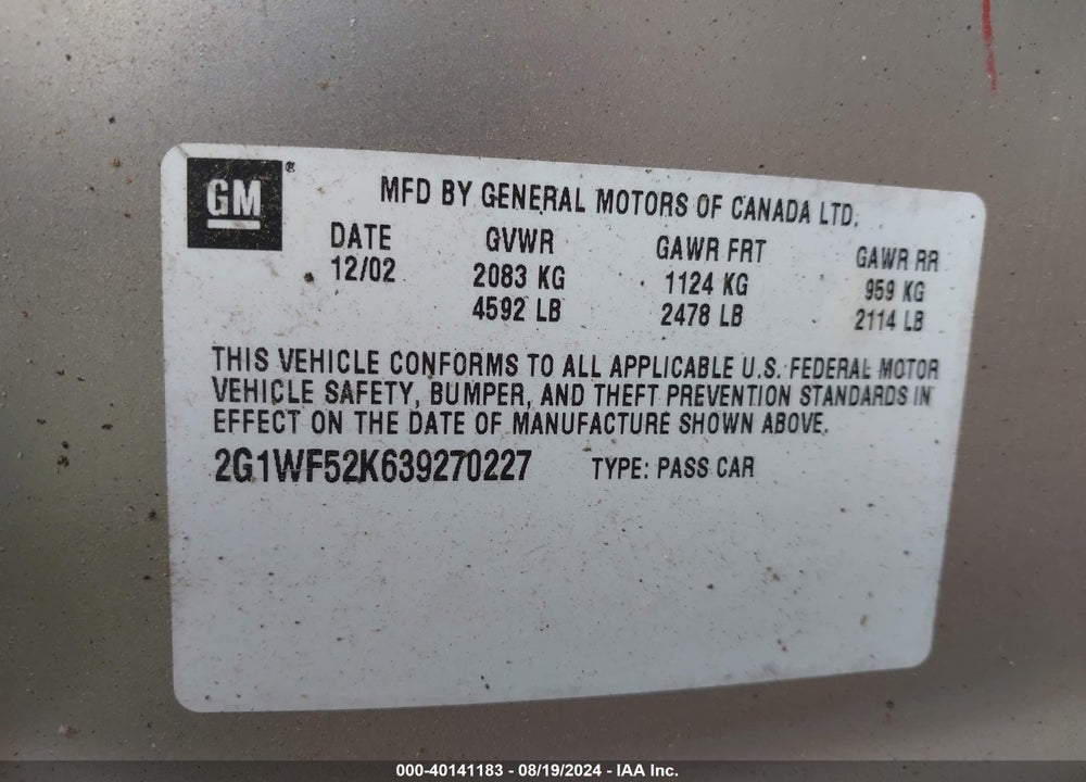 2003 CHEVROLET IMPALA VIN: 2G1WF52K639270227